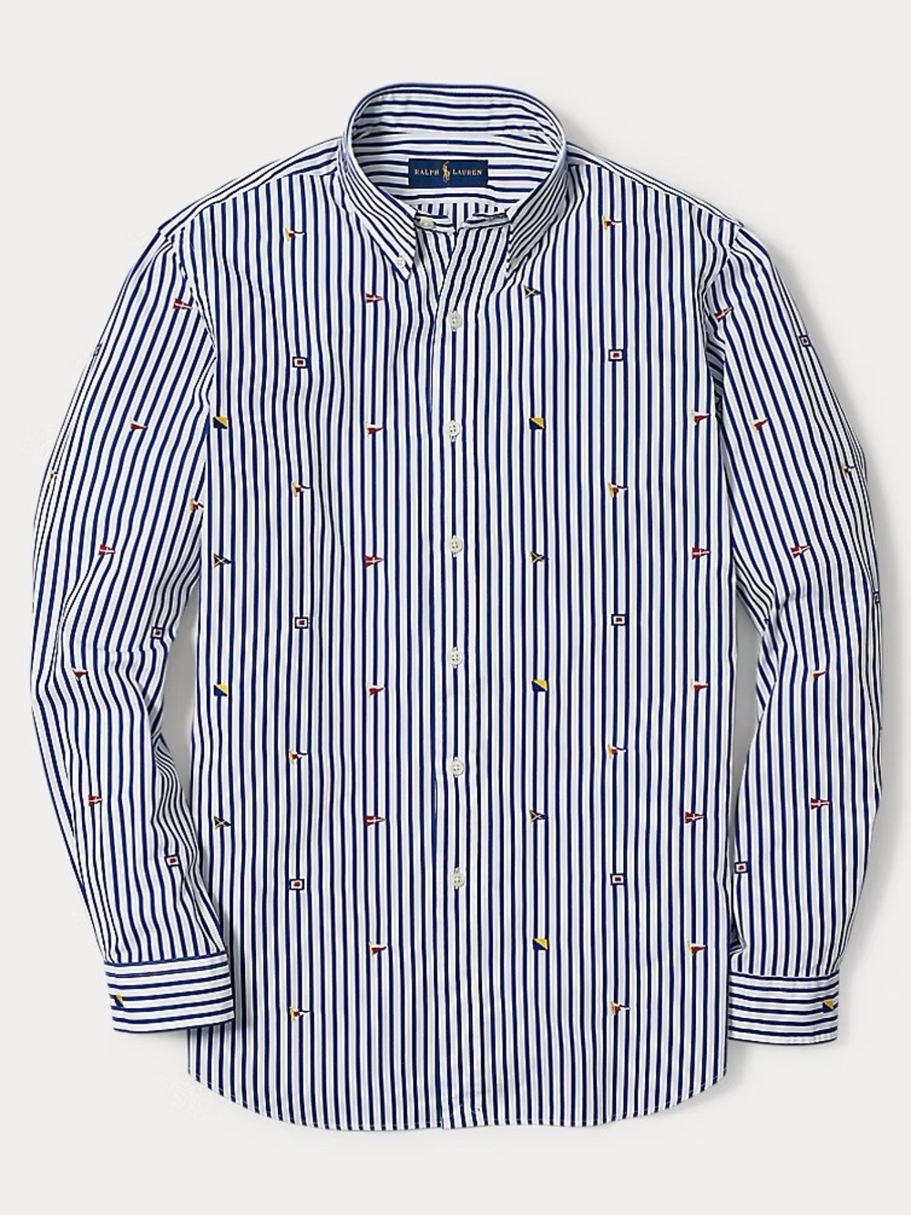 Ralph Lauren Men's Blue & White with Sailing Flags Striped Button-Down Shirt